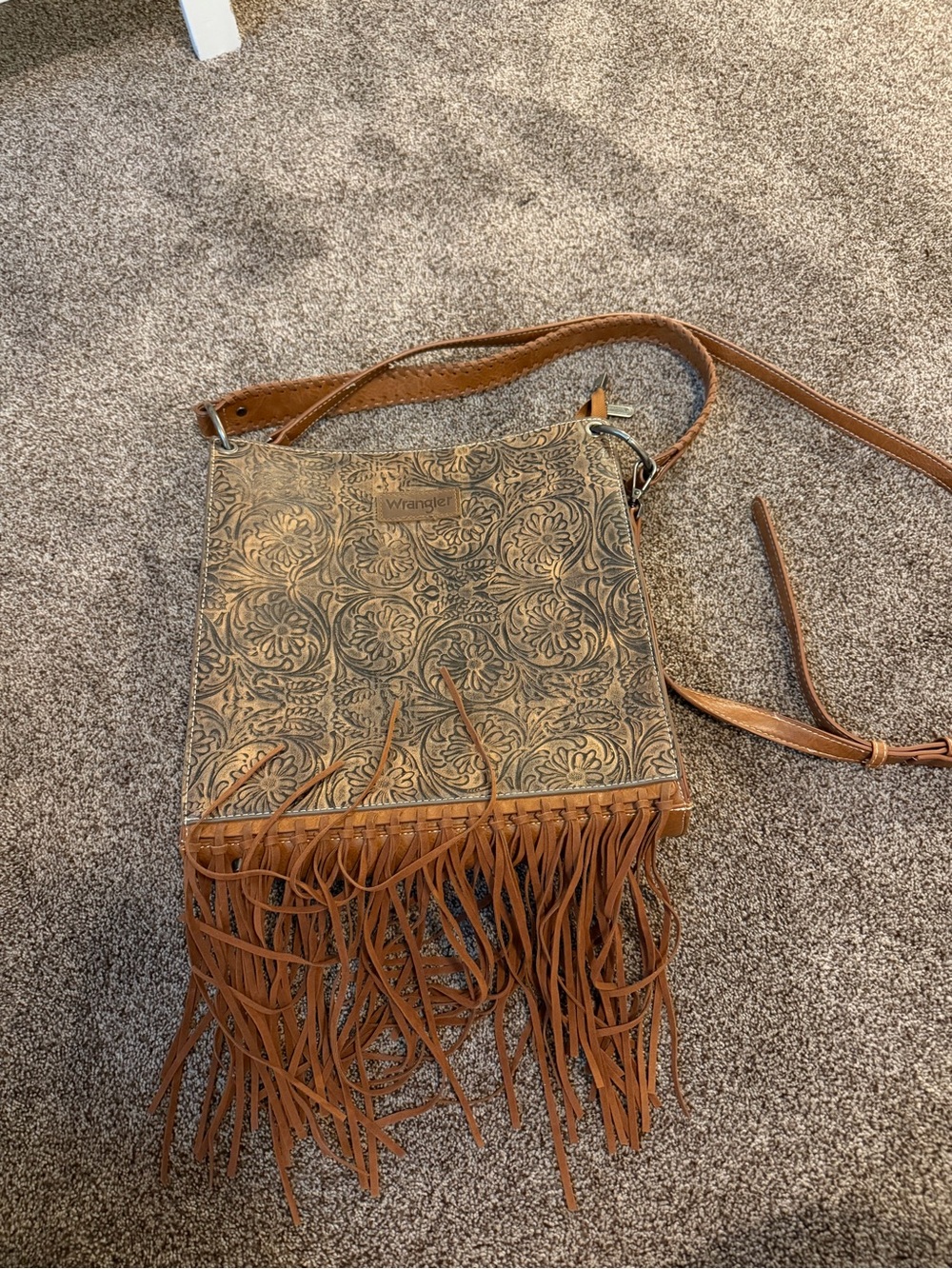 Wrangler Tan Brown Tooled Fringe Crossbody Bag